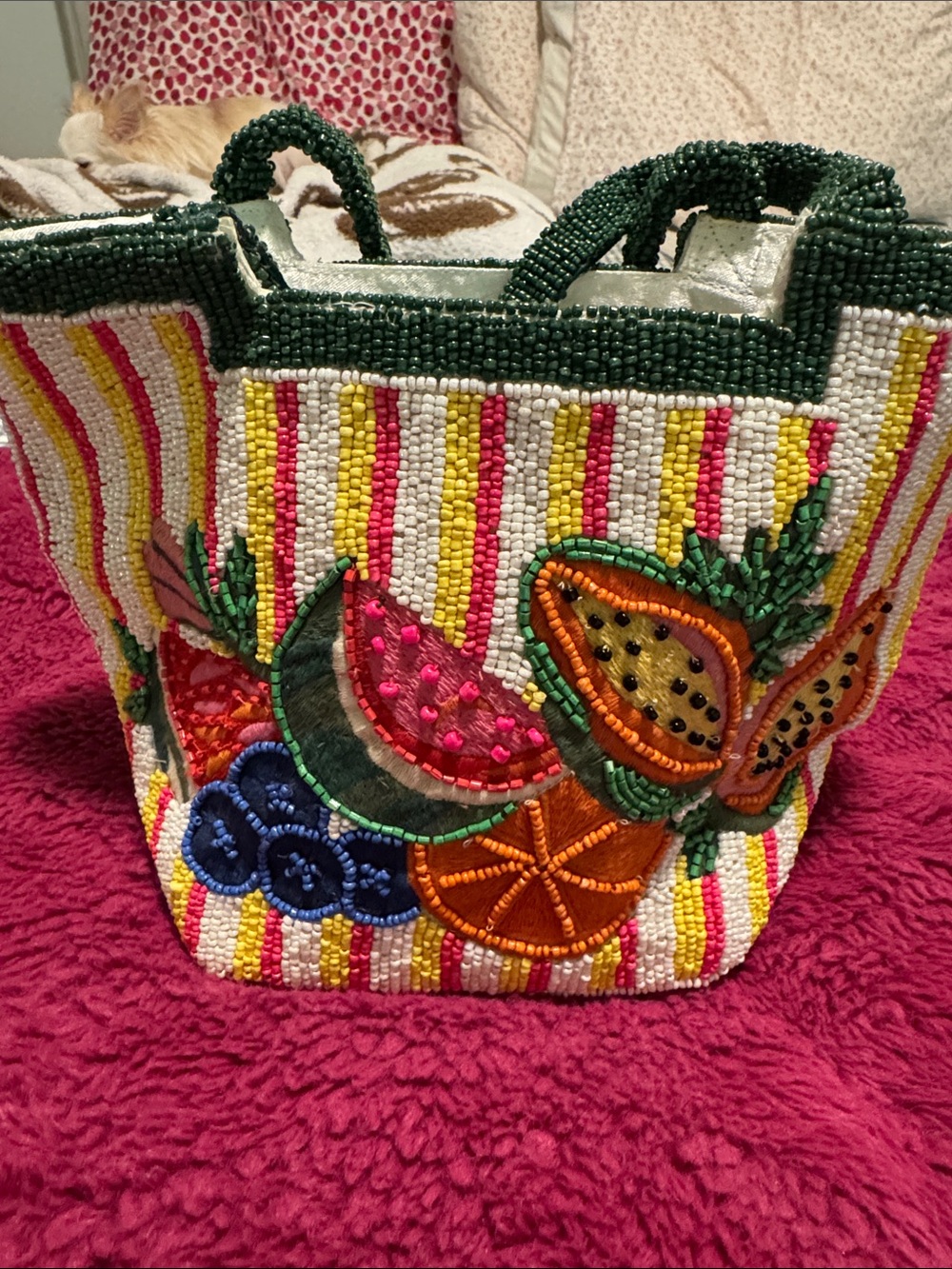 Hand-Beaded Tropical Fruit Tote in Green and Multicolor - Picture 2 of 9